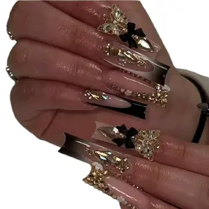 24pcs New Style Extra Long Coffin Nails French Manicure with 50g Rhinestone Nails, Glossy Finish, 1pc Nail File & 1pc Jelly Gel Press On Nails