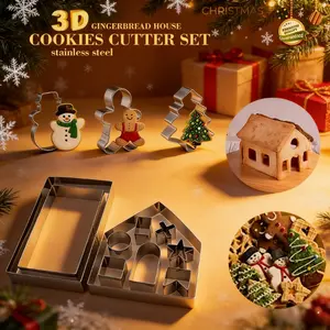 3D Gingerbread House Kit, Christmas Theme Cookie Molds Set, Includes House Structure Pieces, Snowman, Gingerbread Man, Christmas Tree Mold