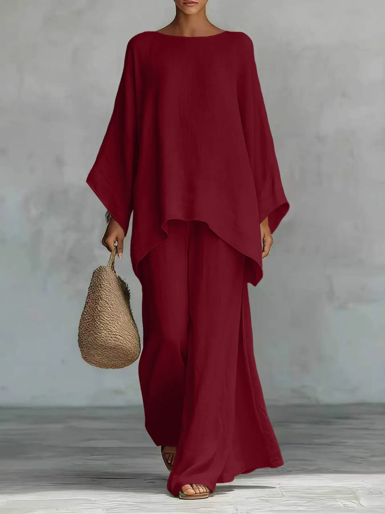 New Women's Simple Loose-Fit Long Sleeve Blouse and Wide-Leg Pants Set, Comfortable Casual Outfit, Perfect for Daily Wear, Stylish and Trendy Two-Piece Set