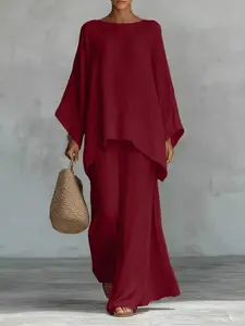 New Women's Simple Loose Fit Shirt and Wide Leg Pants Set, Solid, Comfortable Casual, Perfect for Daily Wear, Stylish, Chic and Trendy