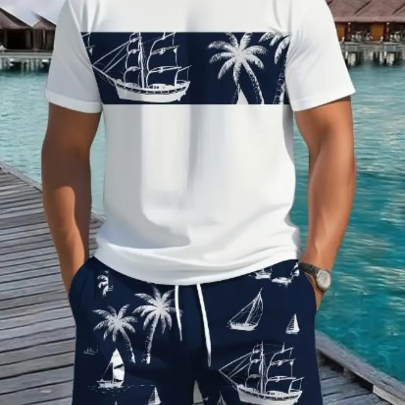 Men's 2-Piece Short Sleeve Shorts Set, Menswear Coconut Tree Print Casual Relaxed Fit Fitted Round Neck T-Shirt, Tropical Summer Vacation Style, Outdoor Sports Comfort, Breathable, Outfit, Shorts Matching Set, Beach Set Print, Top Shorts Set