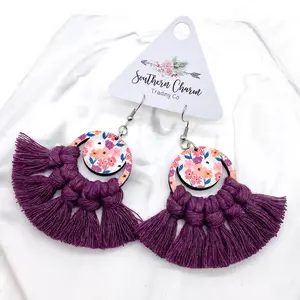 3" Peach Floral Wood & Plum Macrame Earrings