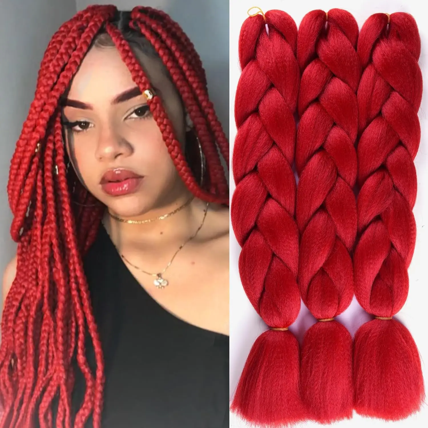 Red Braiding Hair for Women Hair Extension for Braids High Temperature Synthetic Colored  Braiding Hair(3 Packs 24 Inch, Red)