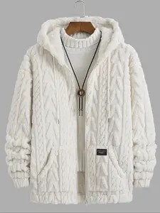 Men's Solid Textured Letter Patched Pocket Zip Up Soft Fleece Jacket, Loose Casual Fashion Long Sleeve Drawstring Hooded Plush Outerwear for Fall & Winter, Men's Clothes for Daily Wear Coats