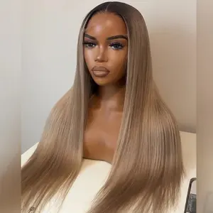 Ash Blonde With Dark Roots Straight Lace Front Wigs Human Hair 13X6 Lace Frontal Wigs Reall Human Hair Body Wave Milk Tea Ash Blonde With Brown Roots Colored Wig Natural Hair Line Pre Plucked For Woman