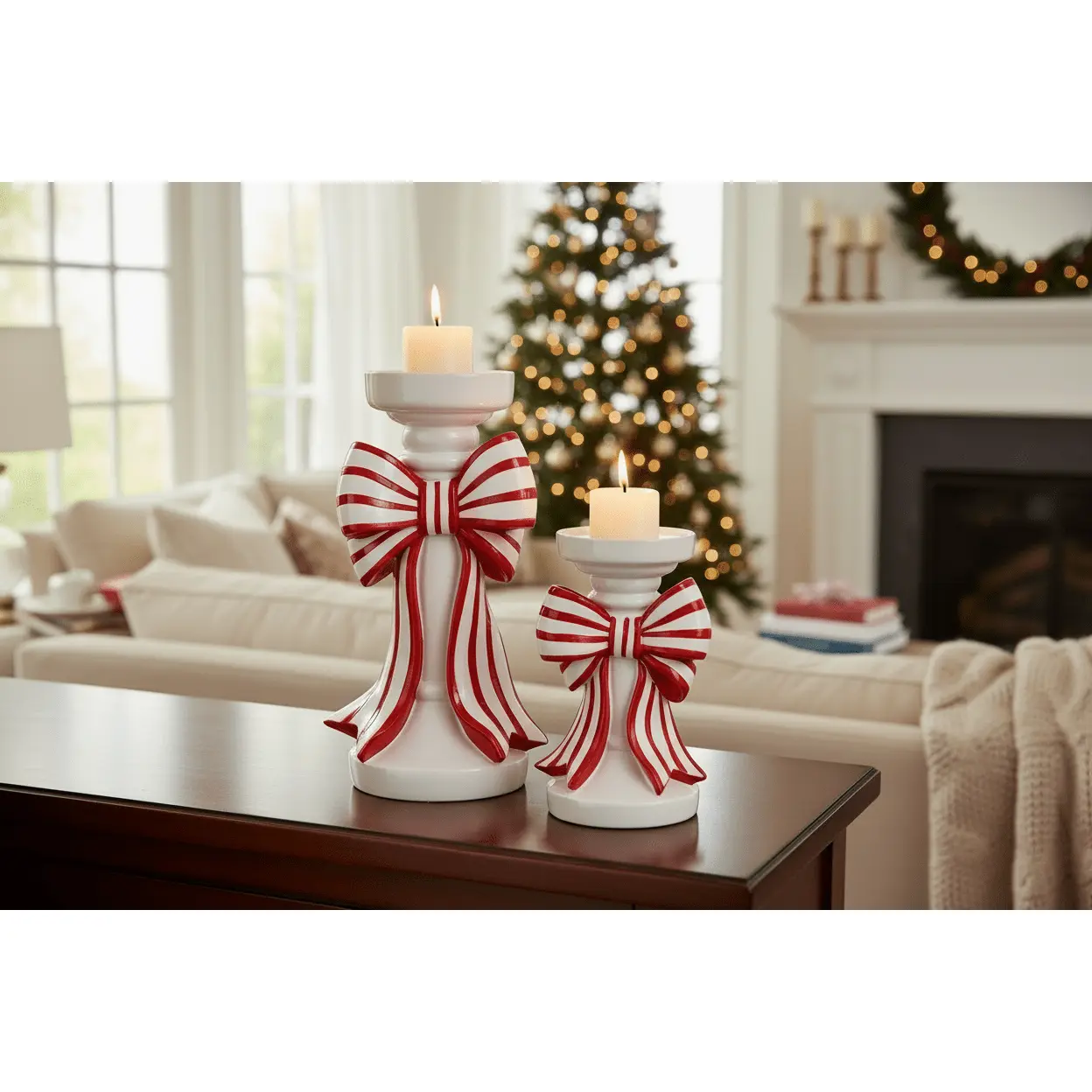 10" Red and White Stripe Bow Candle Holders