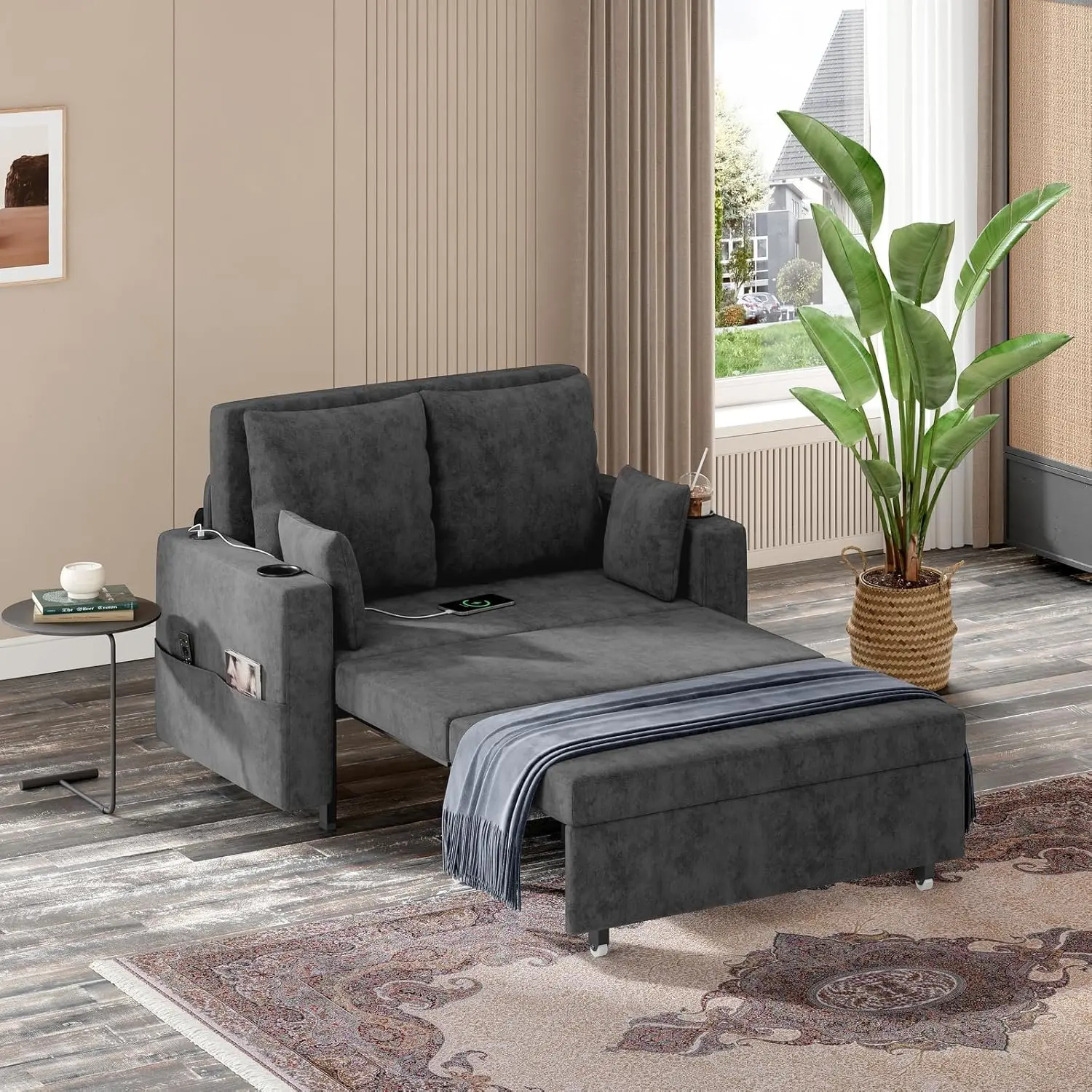 Garvee 3-in-1 Pull-Out Loveseat Sleeper (56" Compact Convertible Bed Sofa Set) with Cup Holders, USB Charging, 1000Lb Capacity – 3 in 1 design, bed conversion, fold-out sofa sets for Living Room (Grey/Black), 3 In 1 Design Sofa Sets
