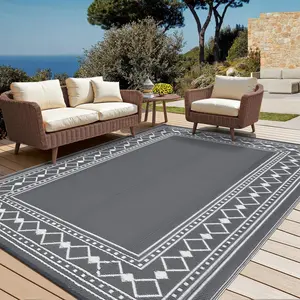 Outdoor Rug, Waterproof Reversible Plastic Straw Rug, Modern Bordered Plastic Straw Outdoor Mat, Large Outdoor Rugs Mats RV, Picnic, Backyard, Balcony, Porch, Beach, Grey/White