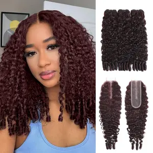 ALHER #99J Burmese Curly Bundles and 2x6 Closure Human Hair 99j Wine Red Colored Bundles with 3C4A Water Wave Spiral Ends Dark Burgundy Wine 3 Bundles and Frontal Free Part Ear to Ear （2x6/4x4/13x4 Optional）