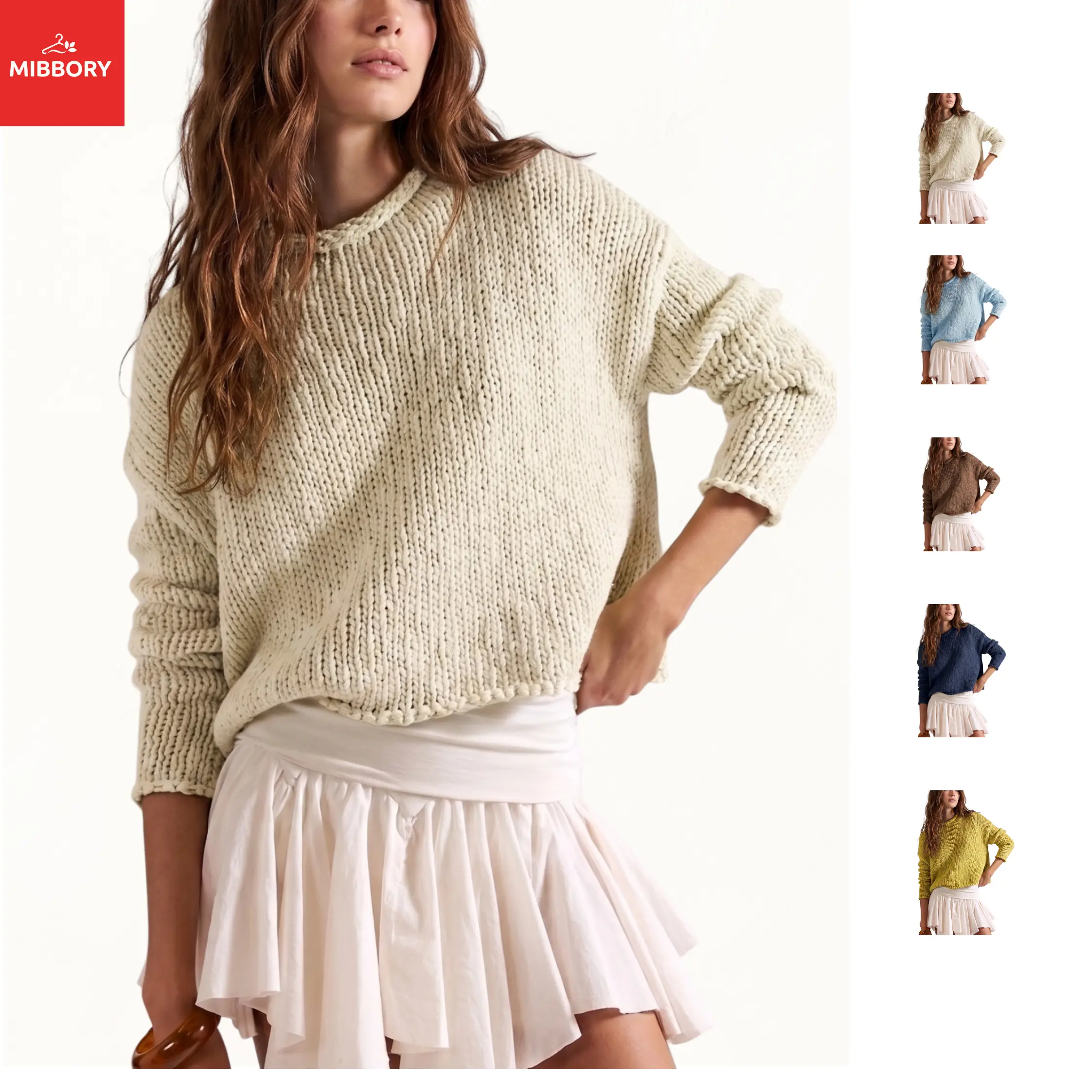 Mibbory Basic Women's Chunky Cotton Crochet Knit Pullover, Longsleeves Round Neck Oversized Casual Soft 2026 Fall Winter Fashion Crewneck Top
