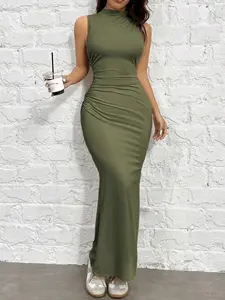 EZwear Khaki Knit Bodycon Dress For Women
