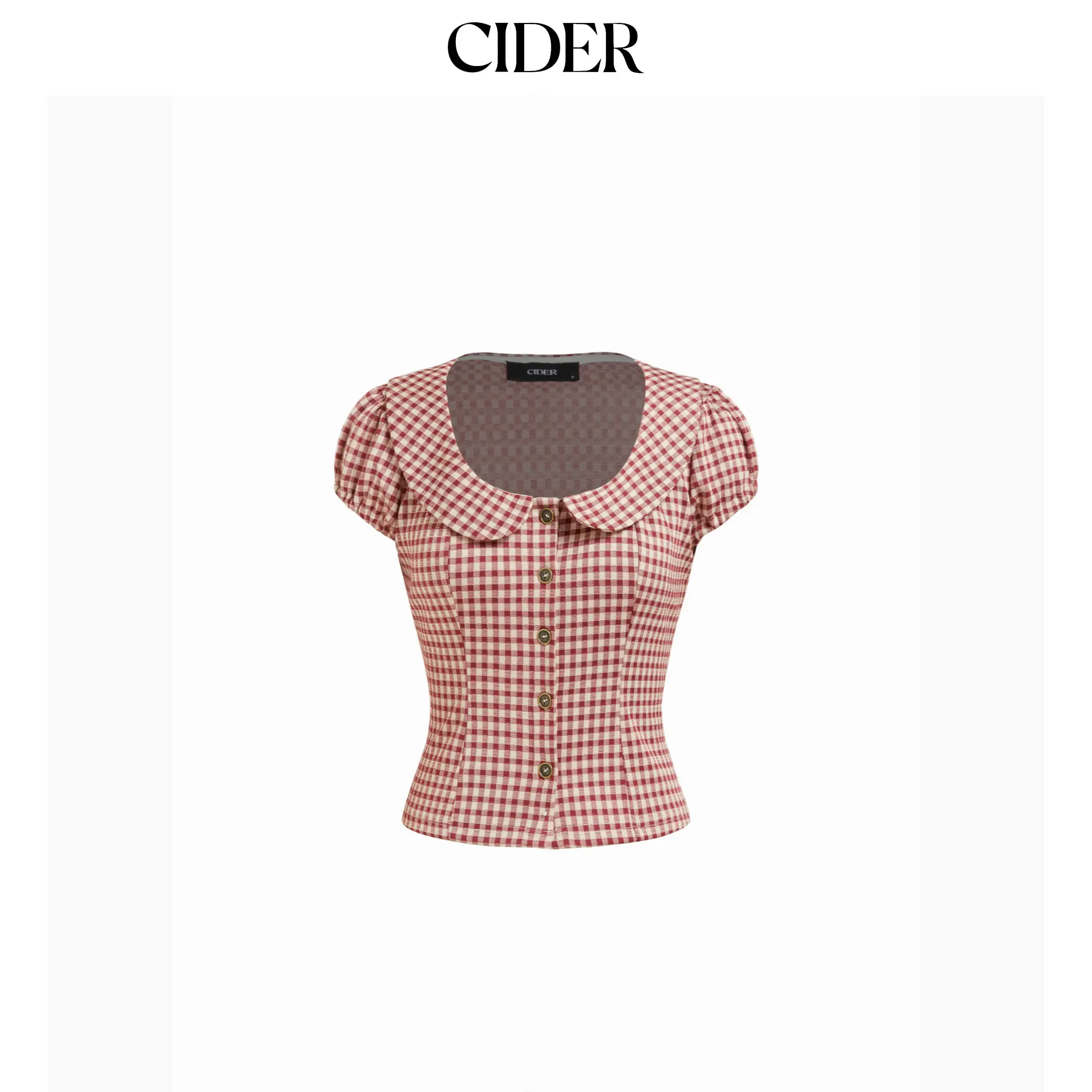 Cider Red Gingham Peter Pan Collar Puff Sleeve Crop Blouse