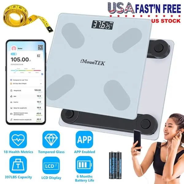 Smart BMI Digital Weighing Scale - Health & Body Fat Monitor with Tempered Glass, App Sync, 18 Metrics Tracking, 397 lbs Capacity, 6-Month Battery, Bmi Scales Digital Weight And Body Fat, Long-Lasting