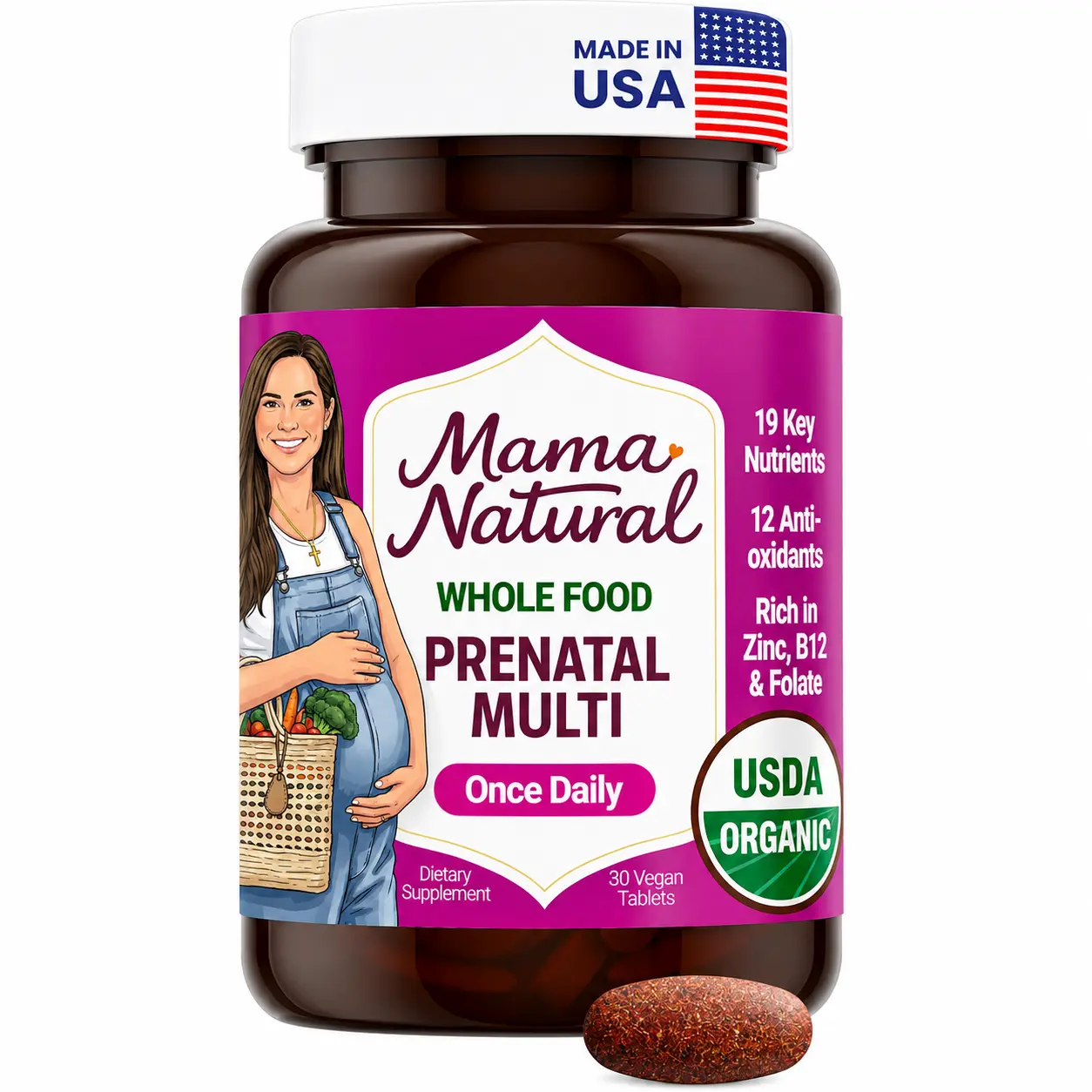 Mama Natural Organic Prenatal Vitamins for Women Vegan (30 Servings) | One A Day Prenatal Vitamins for Pregnant Women | Food Based, Non-GMO & Gluten-Free - Pre Natal Multivitamin with Folate