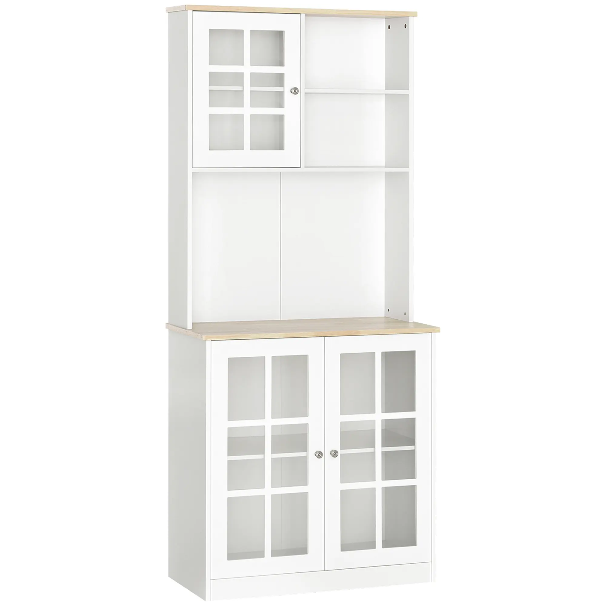 HOMCOM Kitchen Buffet with Hutch, Storage Pantry with 2 Cabinets with Glass Doors and Adjustable Shelf, 2 Open Shelves and Large Countertop, White