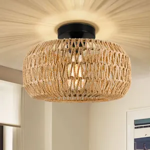 Fixtures Ceiling Mount Mini Rattan Chandelier Light Fixture with LED Bulb Hand Woven Ceiling Light Fixtures Flush Mount for Hallway Bedroom Kitchen Entryway Living Room