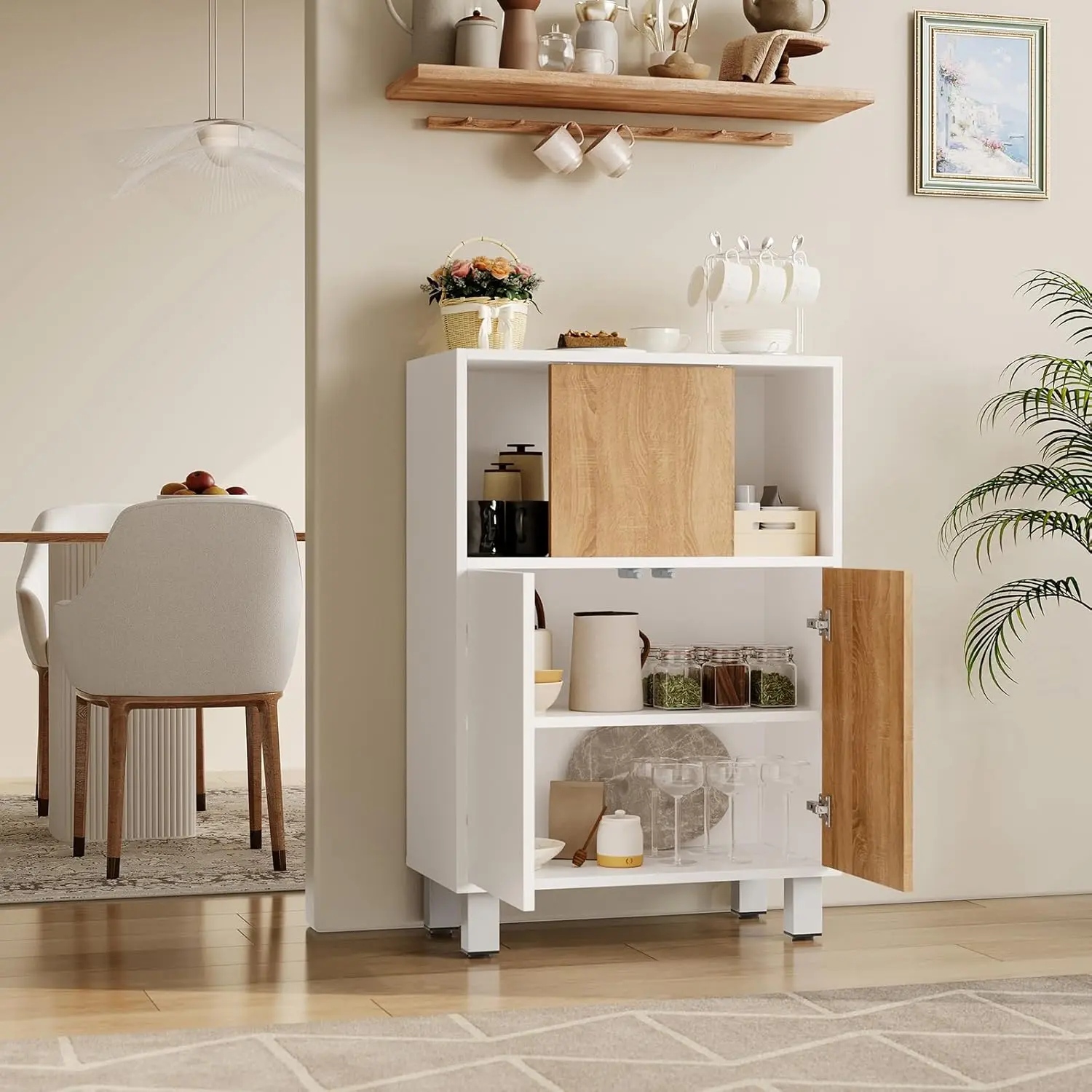 Small Wooden Storage Cabinet with Sliding Door Adjustable Shelves Compact Multi-Functional Organizer for Kitchen Bedroom Living Room Office, White
