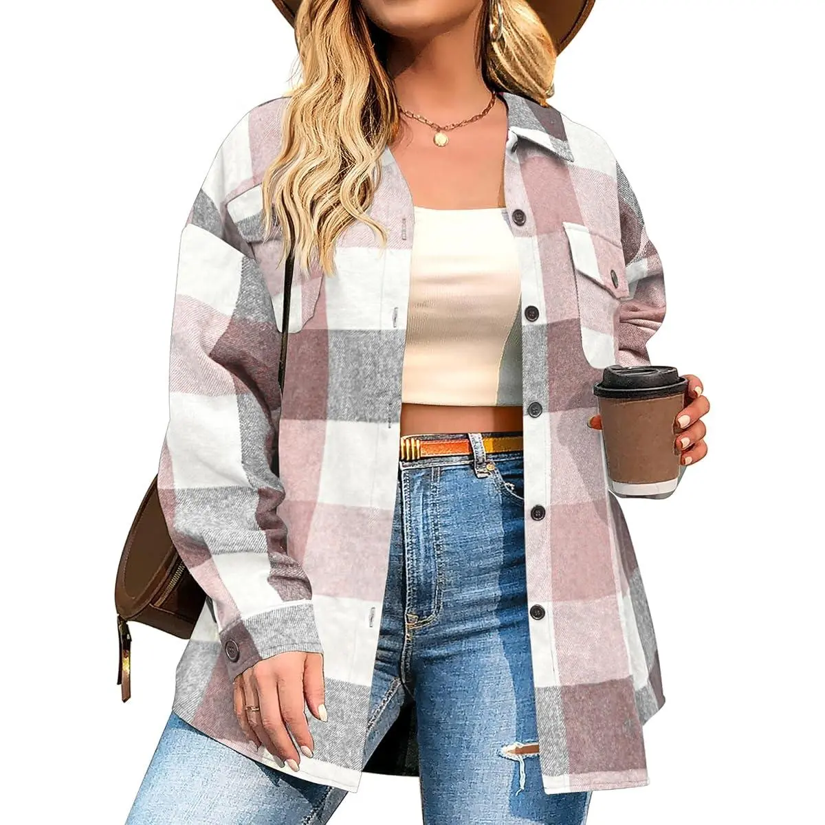 Womens Plus Size Shacket Jacket Flannel Plaid Long Sleeve Button Down Shirts Casual Fall Blouses Tops