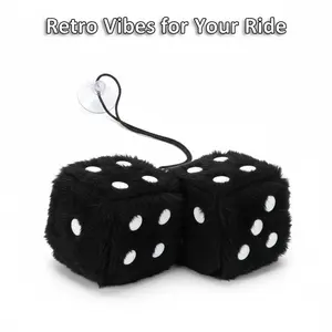 Fuzzy Dice for Car Rear View Mirror 2.76in Black Plush Dice Pair Retro Car Interior Decor Accessories with Suction Cup & Nylon String Ultra Soft Furry Fabric Durable Secure Perfect Size