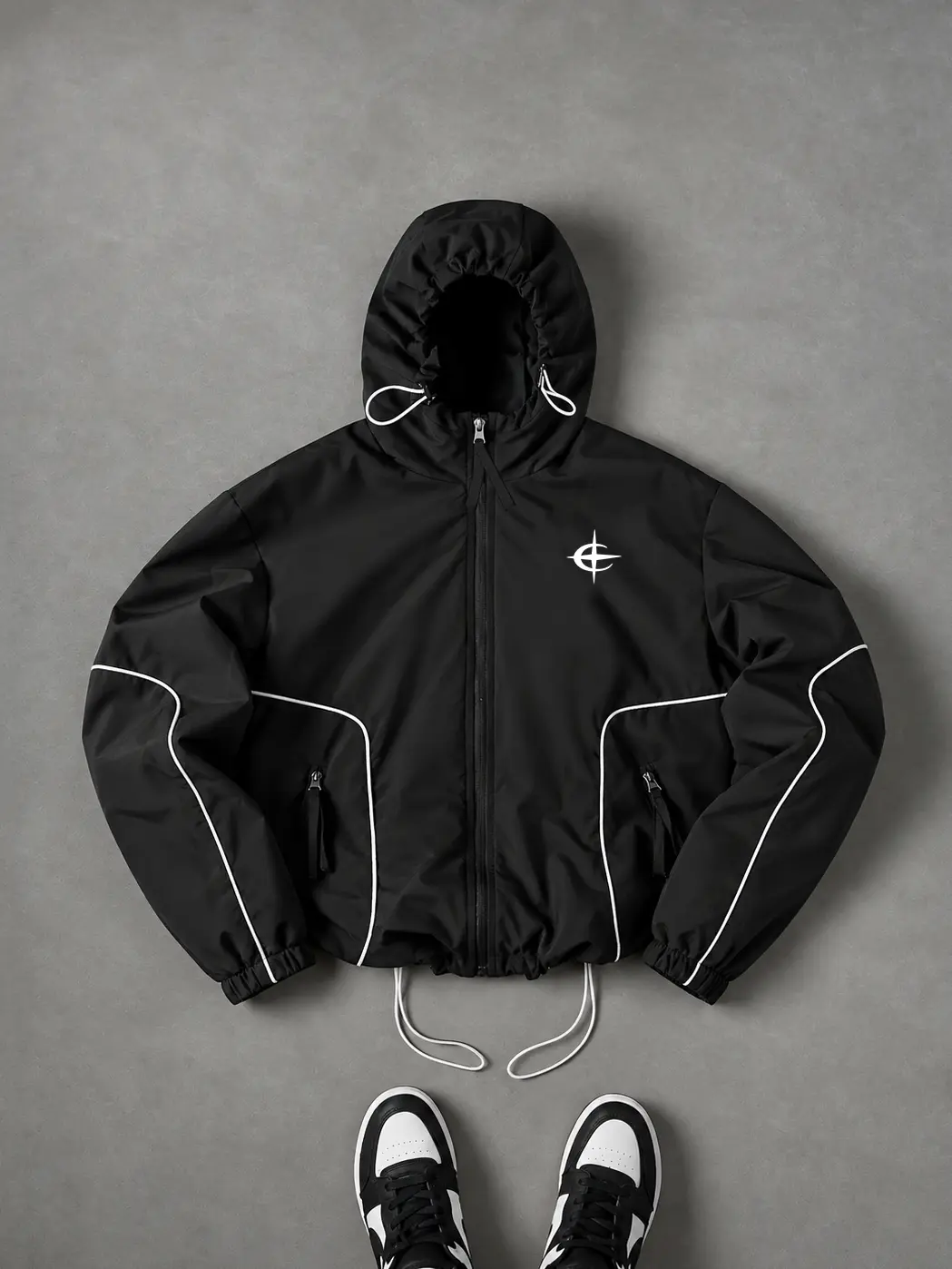 Men's Stylish Black Hooded Windbreaker Jacket - Menswear Outerwear, Lightweight Full-Zip Casual Streetwear Coat with Reflective Piping, Adjustable Drawstring Hood, Zipper Pockets, Elastic Cuffs, Outdoor Running Hiking Fall Fashion Print