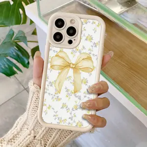 Light Yellow Bow Pattern TPU Case for iPhone 17 Pro Max 16 16e 15 14 Plus 13 12 Mini 11 Air X XS Straight Edge Drop-Resistant Rugged Durable Cover Shell Valentine's Day Gift 2D printing