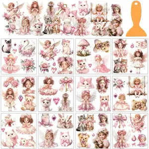 12 Sheets Cute Pink Theme Rub on Transfer Stickers Cat, Roses, Swan Window Decoration Little Angel Furniture Decal for Home School Office Decor DIY Crafts Supplies, 5.5x5.5