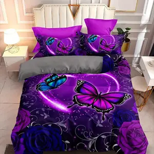 Dream Butterfly Rose Print Decorative Bedding Set, Soft Breathable Polyester Fabric, All Seasons, Includes 1 Fitted Sheet + 2 Pillowcases, Decorative Bedsheet Sets