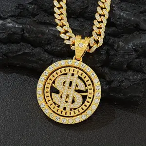 Men Cuban Chain Necklace with Rotating Dollar Sign Pendant and Rhinestones - for Everyday Wear, Music Festivals, and Sports - Hip-hop Necklace, Sparkling Rhinestones,,Fashionable Craftsmanship,anniversaire  s  gift lion head teen boy gift