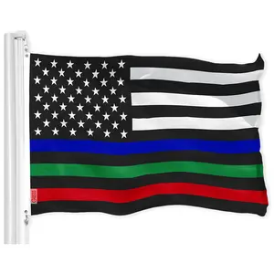 G128 - Thin Blue Green & Red Line American Flag 150D Polyester 3x5 FT Printed Flag - Honoring Men Women Police Fire Fighters Military Border Patrol Brass Grommets Indoor/Outdoor - Much Thicker More Durable Than 100D 75D Polyester