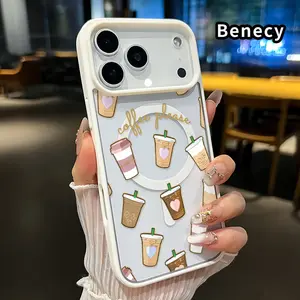 Magnetic Phone Case for iPhone 17 Pro Max 16 Plus 15 14 13 12 11 Air E Coffee Delight Pattern Pattern Non-Yellowing Shockproof Soft Silicone Transparent Acrylic Cover Supports Wireless Charging.