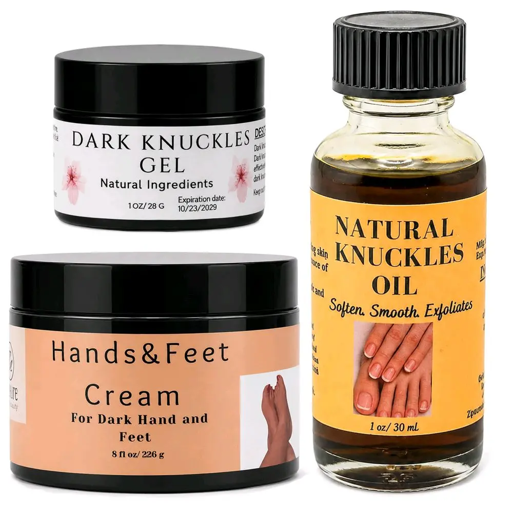 Hands & Feet Care set -  8 oz Brightening Cream, 1 oz Dark Knuckles Oil & 1 oz Dark Knuckles Gel- 3 Piece Set for Uneven Skin Tone & Dark spots- Daily, Gentle,  Radiance, Smooth