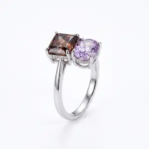 ZR Custom 3ct Radiant Cut Cola Brown Moissanite & Oval Purple Lab-Grown YAG Two-Stone S925 Sterling Silver Ring -【 Eren】#4144