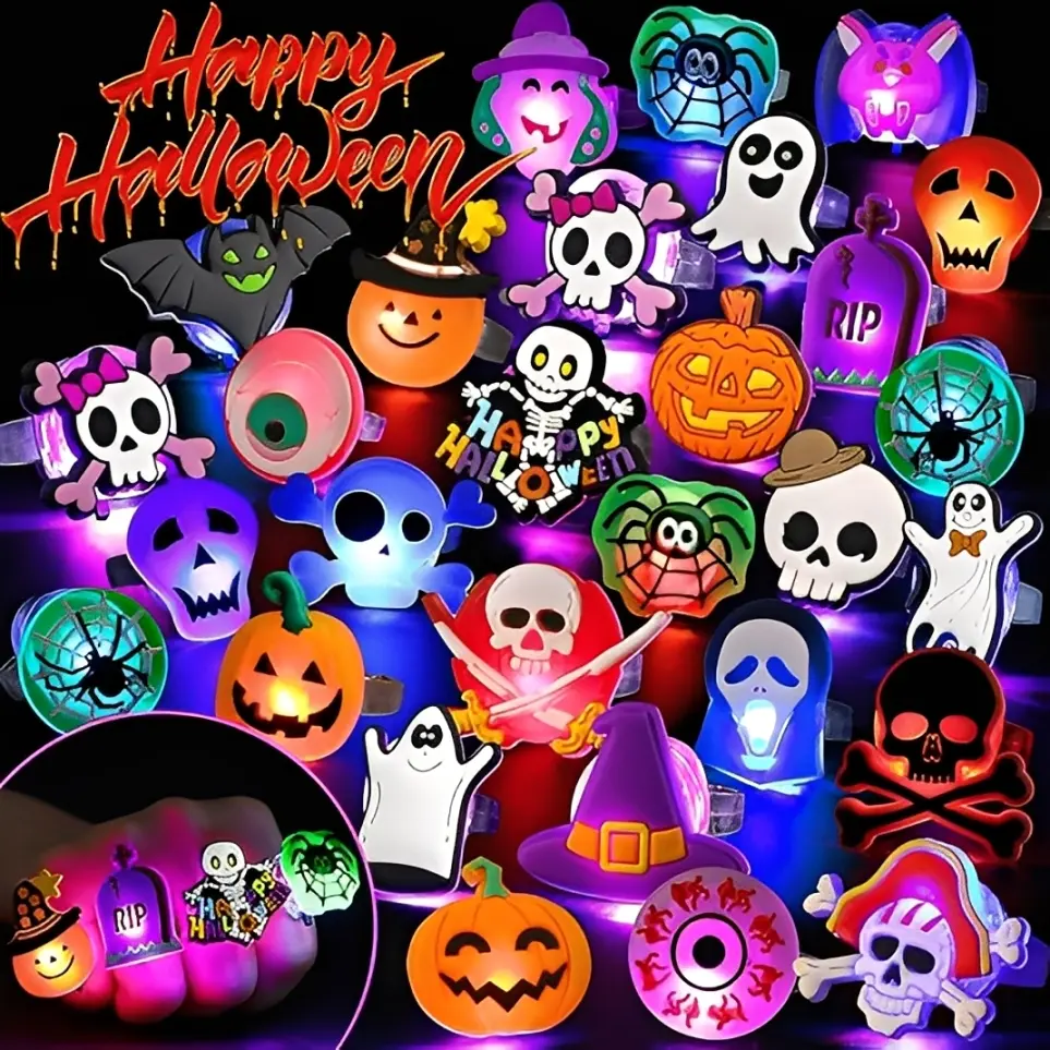 50/100Pcs LED Halloween Ring,Halloween Ring,Glowing Pumpkin Skull Ring Gift,Halloween Christmas Party Decoration Home Horror Props Supplies,Perfect for Halloween gift