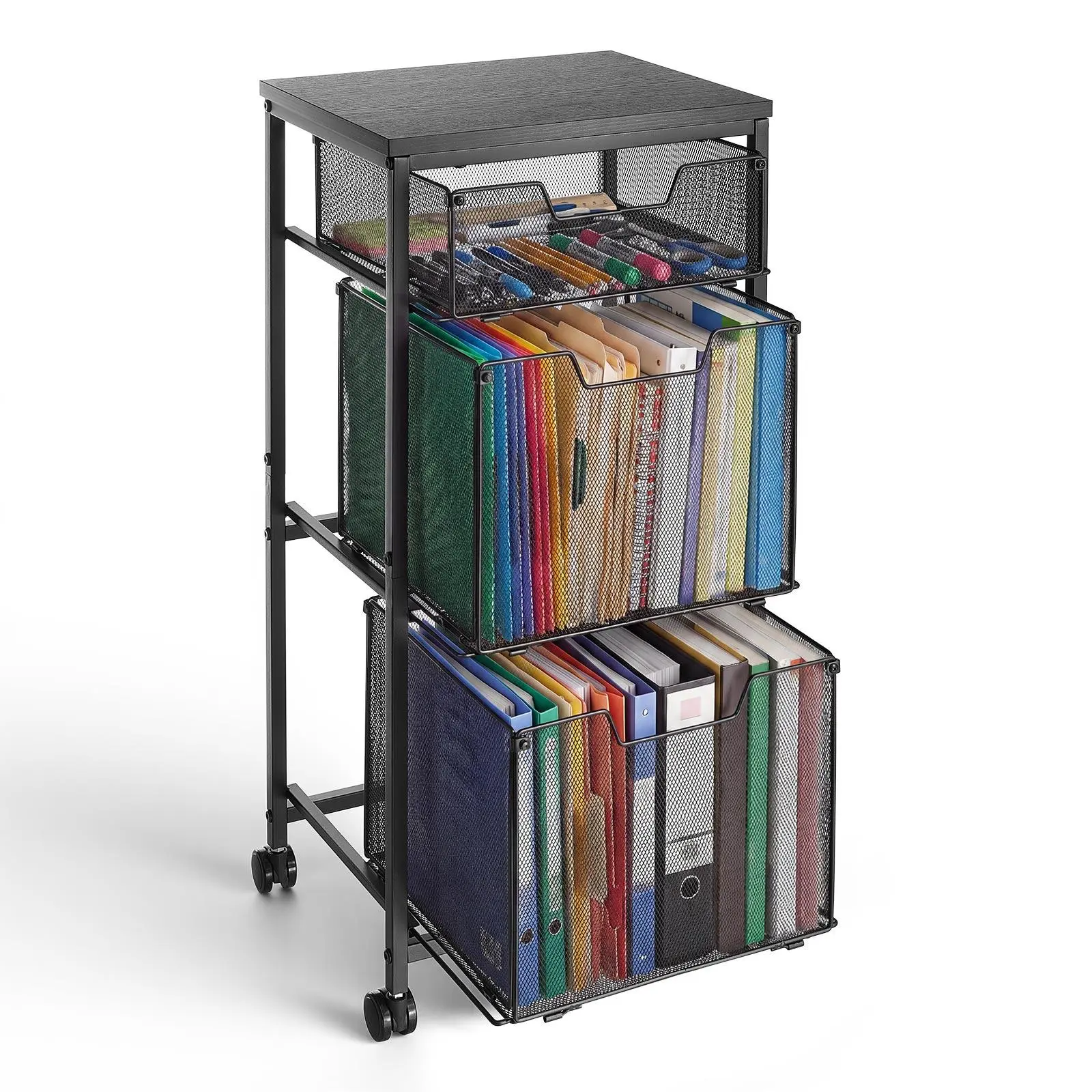 VEVOR 3-Tier Rolling File Cart, Mobile Office Filing Cabinet with Wheels & Drawers, Under Desk Hanging Folder Organizer, Large Storage for Home Office, max load 45lbs/20.5kg, Black