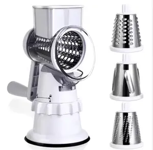 Rotary Cheese Grater 3 Blade Cheese Shredder - Manual Hand Crank Cheese Grater With Reinforced Suction & 3 Interchangeable Drums - Easy to Use, Vegetable Chopper Round Mandolin Slicer
