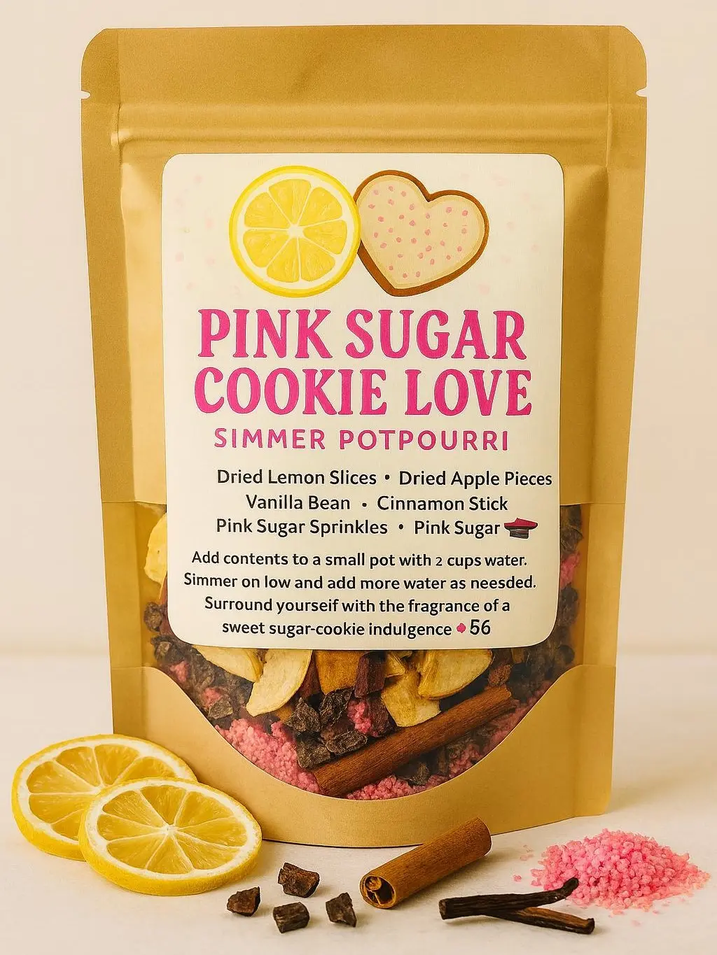 2oz Handcrafted Pink Sugar Cookie Scented Simmering Potpourri - Dye-Free Dried Fruit Home Fragrance Decor, Lemon & Bean Infused, Cocoa & Cinnamon Stick Notes, Holiday Teacher Gift