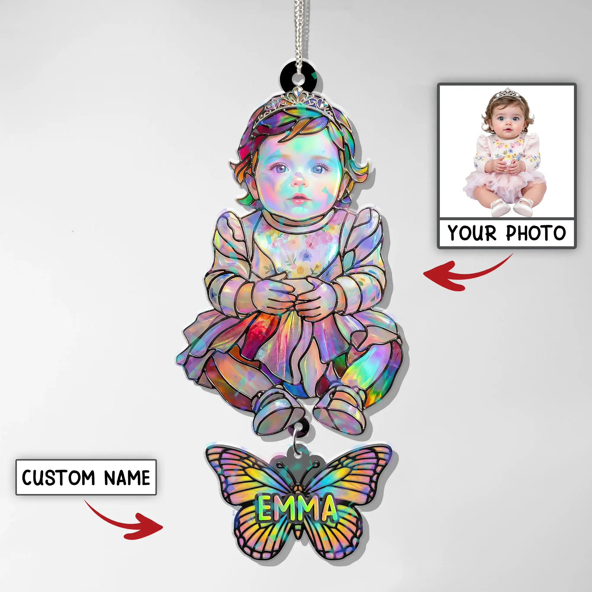 Custom Hologram Baby Ornament with Name, Personalized Photo Baby Keepsake,Custom Child Portrait Christmas Ornament