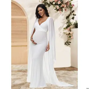 ForPhotoshoot MaternityChiffonFloatingSleevesDressWithFloatingTailForBabyShower