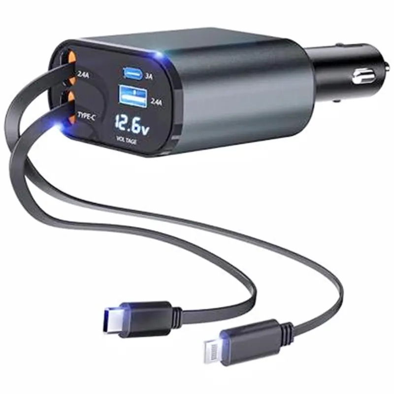4-in-1 Retractable Fast Car Charger with Voltage Monitor, Dual USB Ports, Suitable for iPhone & Type-C, Charge Four Devices at Once