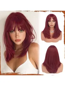 Long Straight Layered Wig Dark Red Burgundy Wigs with Bangs 18 Inch Natural Looking Soft Heat Resistant Synthetic Medium Length Hair Wigs for Women Daily Party Use