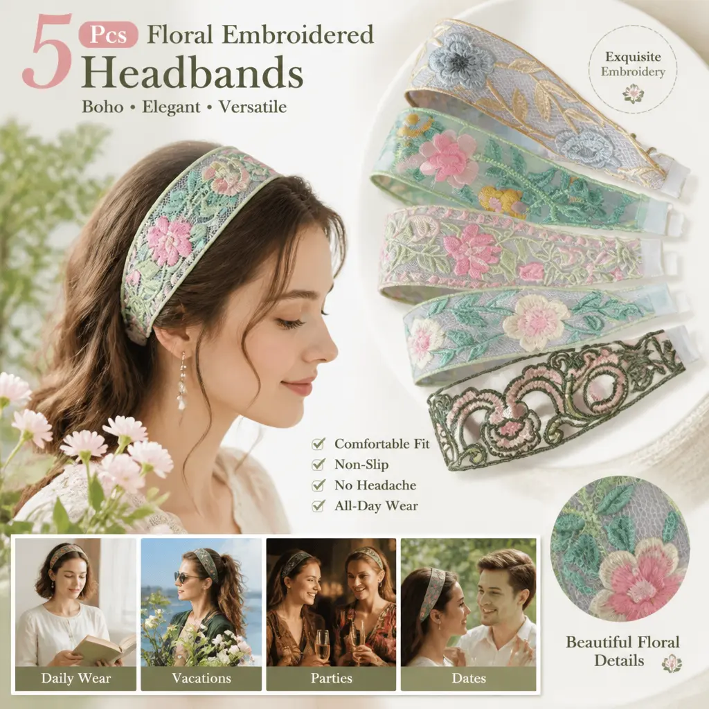 Women's 5-Pcs Floral Embroidery Headbands - Wide Mesh Band, Non-Slip Synthetic Polyester Blend, Crystal Beads Accents, Elegant Boho Vintage Headwear, Soft Comfortable Elastic Strap, Party-Ready, Spring Casual Gift for Friends