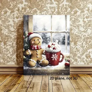 2D Flat Style, 1 Piece Gingerbread Man Printed Framed Wall Art - Vintage Christmas Cookie Decoration, Suitable for Bedroom/Winter Festival Warm House Gift, with Hanging Rack Wooden Frame Art, 2D Flat Design, Christmas Decoration