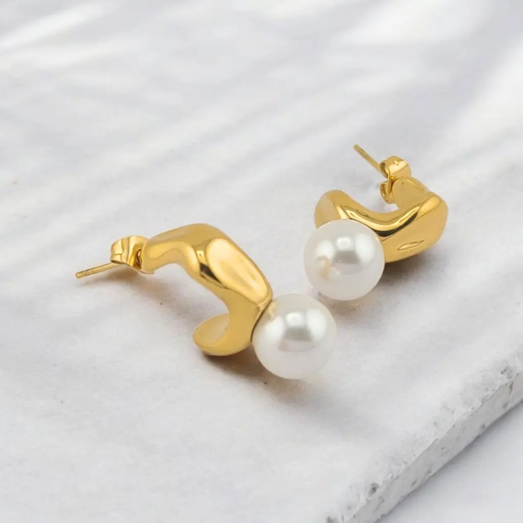 FWJ Gold-Plated Stainless Steel Half Hoop Earrings, Elegant Pearl-Embellished Fashion Jewelry for Women, Durable for Daily Wear