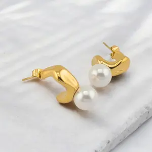 FWJ - STAINLESS STEEL JEWELRY-PEARL HALF HOOPS