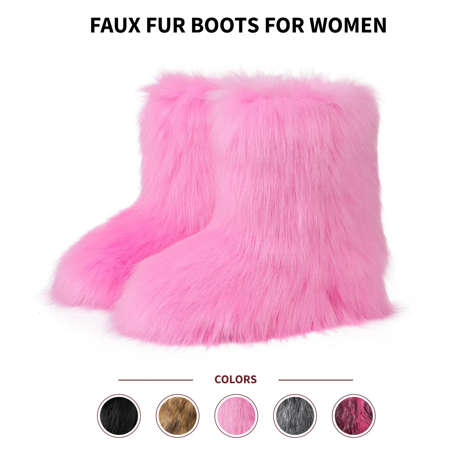 VIMISAOI Women Faux Fur Boots Mid Calf Round Toe Flat Heel Pull On Fluffy Shaggy Fuzzy Warm Cozy Home Apres Ski Bunny Chilly Day Booty Quiet Luxury Soft Aesthetic European Style Holiday Outdoor Casual Festival Gift Trendy Comfy Fashion Shoes Summerwins