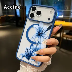 Magnetic Soft Case for iPhone 17 Pro Max 17 Air Blue Lily Grace Pattern Anti-Yellowing Shockproof ultra-thin Silicone Crystal Transparent Acrylic Cover Supports Wireless Charging