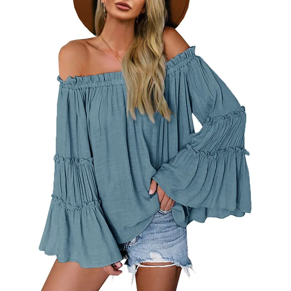 【US Shipping】Womens Off The Shoulder Long Bell Sleeve Tops Flared Casual Loose Blouse