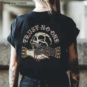TRUST NO ONE PRINTED SKULL T-SHIRT, Ladies Summer Outfit, Gift For Women, Mothers Day Gift, Gift For Girl Friend