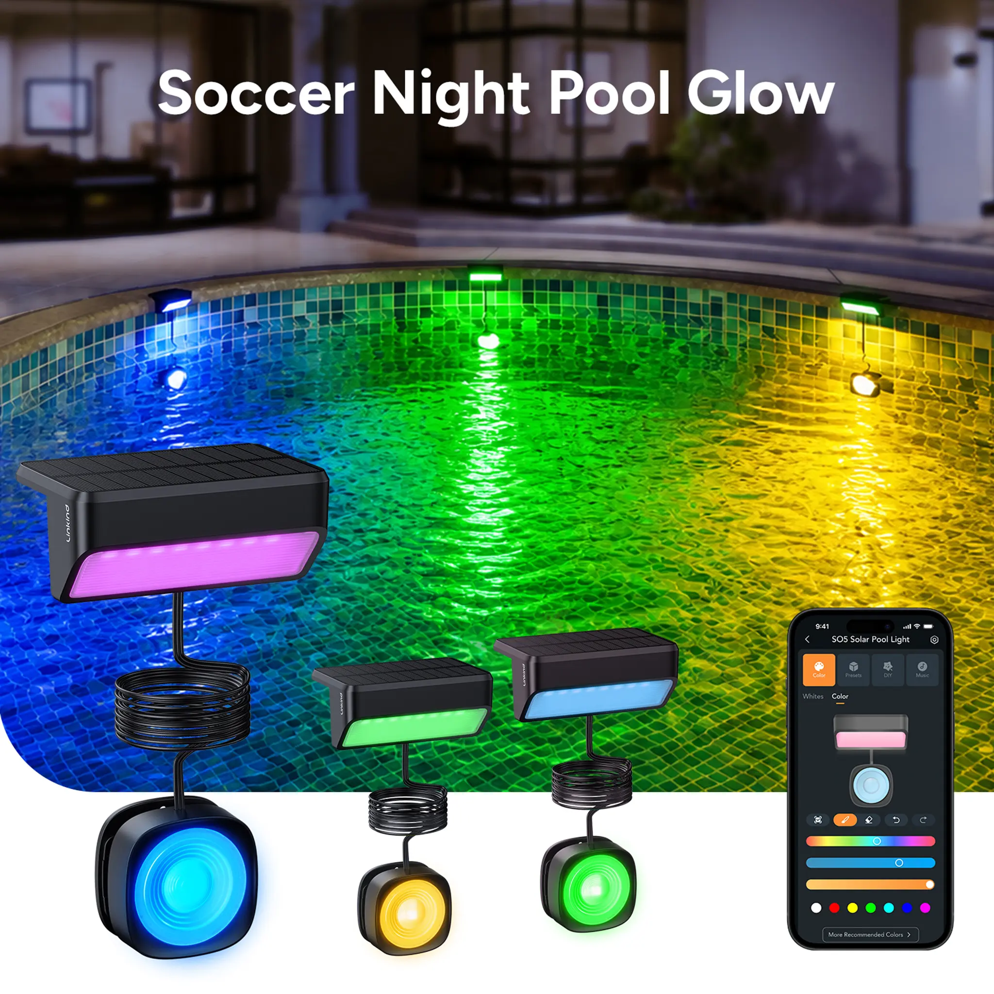 【Get 2+1 , Save Big!】Linkind Smart Solar Pool Lights with APP Control, RGBW Color-Changing Pool Lights, IP68 Waterproof, Create Stunning Night Pool Parties & Backyard Ambience, for Above Ground & Inground Pools
