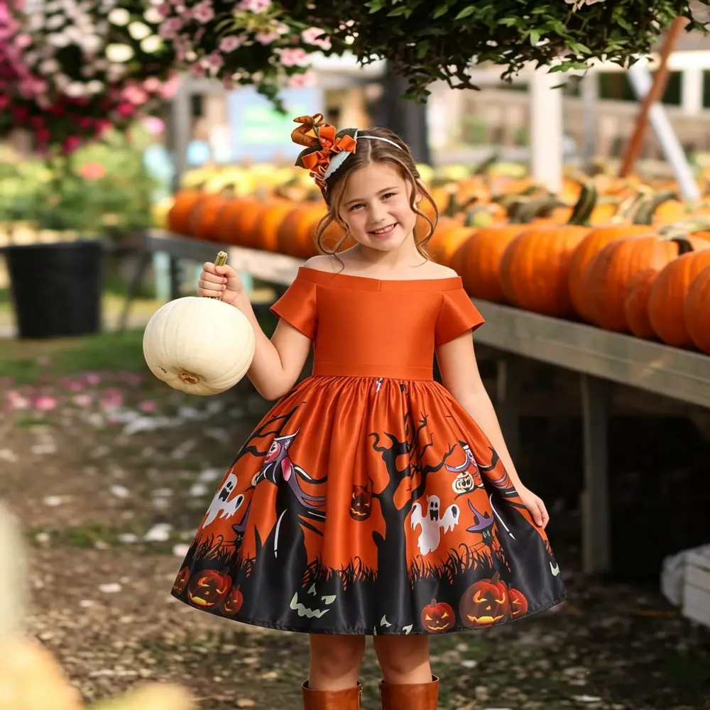 006 ( Only dress ) Halloween children's costume performance clothes girl orange dress print design Halloween costume